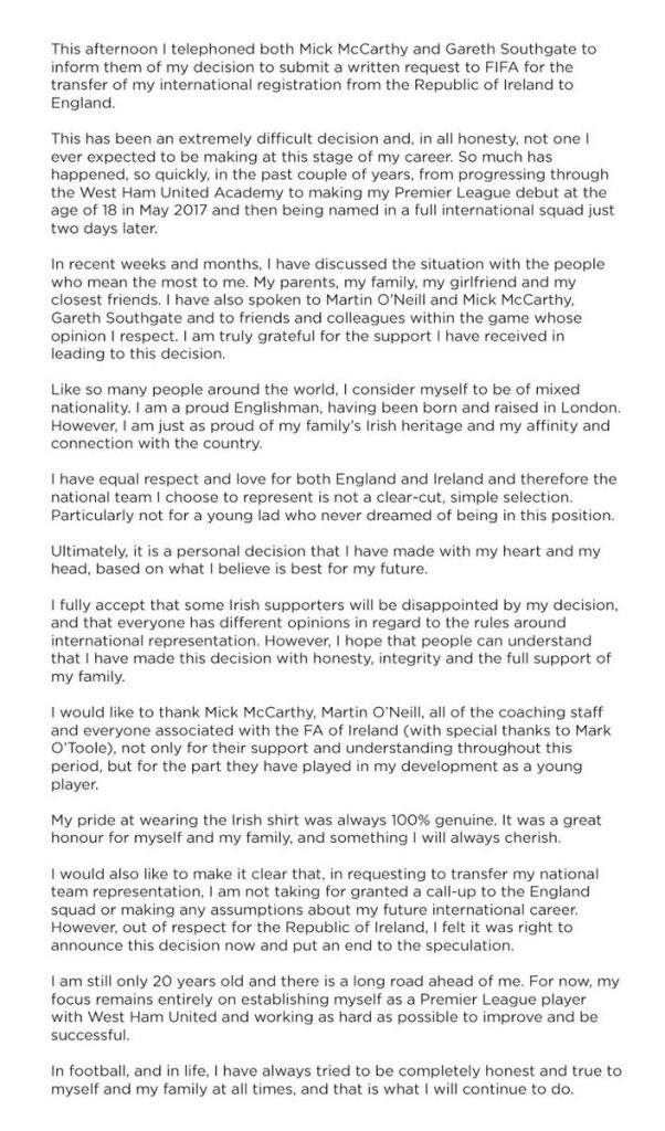 Declan Rice Statement England