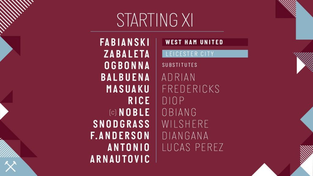 WHU starting lineup vs Leicester 2019