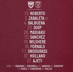 WHUFC starting lineup vs Oxford 2019