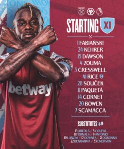 West Ham starting lineup vs Wolves 2022
